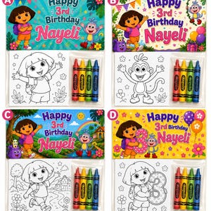 May include: Four Dora the Explorer themed party favor sets, each featuring a personalized Happy 3rd Birthday Nayeli sign, a black and white coloring page, and a pack of four Crayola crayons in red, yellow, green, and blue.