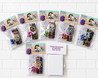 Bolsa de regalo y crayones para fiesta de colorear de casa de muñecas para niñas - Tema de cumpleaños - Regalo de personaje - Relleno de bolsa - Decoración de fiesta Gab -