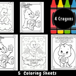 May include: Five black and white coloring sheets featuring Care Bears characters. Each sheet has a different Care Bear with a unique name and design. The sheets are accompanied by four crayons.