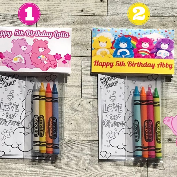 Customized Care Bears 5 Page Coloring Favor Pouch & Crayons. Coloring Activity Pouch for Birthday Party or Care Bear Party favors