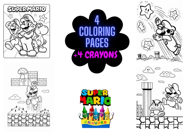 Puede incluir: Cuatro p&aacute;ginas para colorear en blanco y negro con personajes de Super Mario. Las p&aacute;ginas incluyen a Mario, Luigi, Yoshi y un hongo. El texto "4 Coloring Pages + 4 Crayons" est&aacute; en una nube negra con texto de ne&oacute;n rosa y azul.