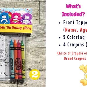 May include: Care Bears themed birthday party favor bag with a coloring page, crayons, and a personalized topper. The topper says "Happy 5th Birthday Abby".