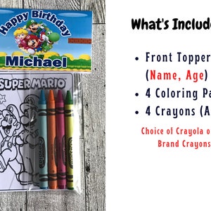 Puede incluir: Una bolsa de regalo de cumplea&ntilde;os con tem&aacute;tica de Super Mario con un libro para colorear con Mario y Luigi, cuatro crayones y una pancarta personalizada con el texto "Feliz cumplea&ntilde;os Michael".