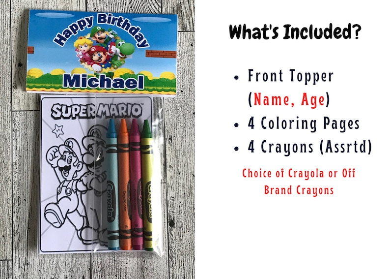 Puede incluir: Una bolsa de regalo de cumplea&ntilde;os con tem&aacute;tica de Super Mario con un libro para colorear con Mario y Luigi, cuatro crayones y una pancarta personalizada con el texto "Feliz cumplea&ntilde;os Michael".
