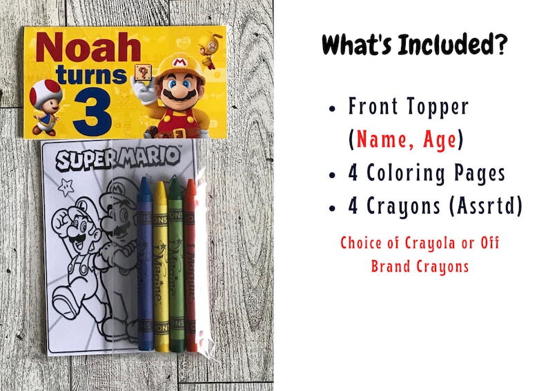 Puede incluir: Un kit de fiesta de cumplea&ntilde;os con tem&aacute;tica de Super Mario con un topper frontal personalizado, cuatro p&aacute;ginas para colorear y cuatro crayones. El topper frontal dice "Noah cumple 3 a&ntilde;os".
