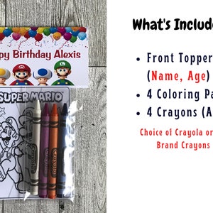 Puede incluir: Una bolsa de regalo de cumplea&ntilde;os con tem&aacute;tica de Super Mario con una p&aacute;gina para colorear, l&aacute;pices de colores y una parte superior personalizada. La parte superior dice "Feliz cumplea&ntilde;os Alexis".