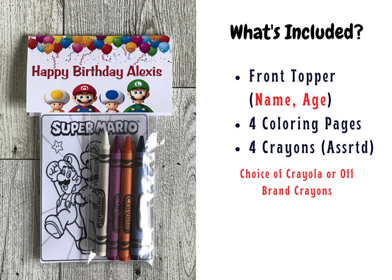 Puede incluir: Una bolsa de regalo de cumplea&ntilde;os con tem&aacute;tica de Super Mario con una p&aacute;gina para colorear, l&aacute;pices de colores y una parte superior personalizada. La parte superior dice "Feliz cumplea&ntilde;os Alexis".