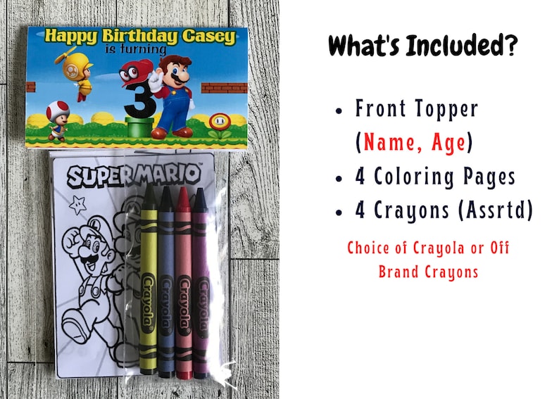 Puede incluir: Una bolsa de regalo de fiesta de cumplea&ntilde;os con tem&aacute;tica de Super Mario con una p&aacute;gina para colorear y cuatro crayones. La bolsa tiene una parte superior frontal que dice "Feliz cumplea&ntilde;os Casey cumple 3 a&ntilde;os".
