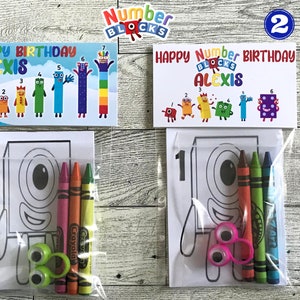 Kids Birthday Numbers Block Double Sided Coloring Pages with Crayons and Finger Puppet-Blocks Birthday Theme- Number Blocks Bag Stuffer-Gift