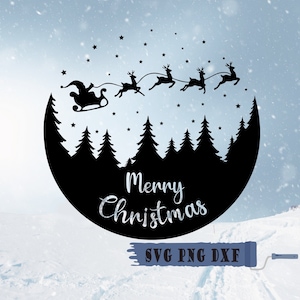 Feliz Natal SVG, Silhueta de árvore e neve Design de sinal redondo Cricut, Santa SVG, Natal SVG Png Dxf, Natal redondo Svg