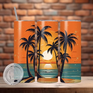 Sunset Ocean Palm Trees Glitter Tumbler Design 20 oz Skinny Tumbler Sublimation, Beach Straight & Tapered Tumbler Wrap, Instant Download PNG