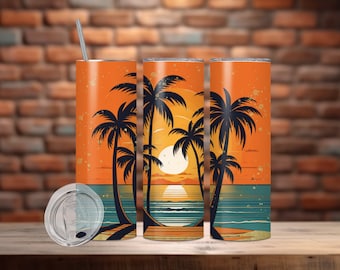 Sunset Ocean Palm Trees Glitter Tumbler Design 20 oz Flaco Tumbler Sublimation, Beach Straight & Tapered Tumbler Wrap, Descarga instantánea PNG