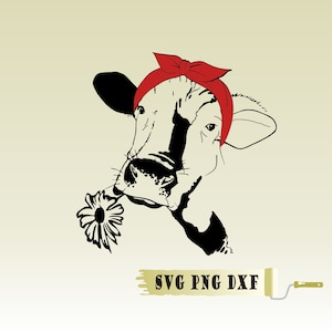Vector COW with Bandana and flower, calf, head, PNG, svg, dxf, svg cow, graphic image Art heifer muzzle funny, Clipart, Cricut, Silhouette