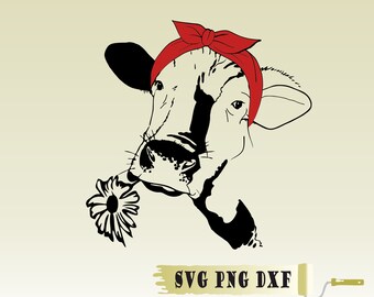 Vector COW with Bandana and flower, calf, head, PNG, svg, dxf, svg cow, graphic image Art heifer muzzle funny, Clipart, Cricut, Silhouette