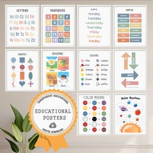 May include: A collection of educational posters with white frames. The posters display letters, numbers, days of the week, months, shapes, seasons, colors, directions, color mixing, and the solar system. A digital download seal is in the foreground.