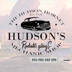 May include: Black and white logo design for a mechanic shop called "Hudson's Radiator Springs Mechanic Shop". The logo features a vintage car, the text "The Hudson Hornet Est. 1951", and two stars.