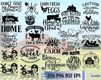 May include: A black and white graphic design set of 20 farmhouse themed SVG files. The designs include phrases like "Don't Go Bacon My Heart", "Farm Fresh Eggs", "God Bless The Farmer", "Our Little Farmhouse", "Welcome To Our Farmhouse", "Farm Sweet Farm", "Bless This Farmhouse Market", and "Life Is Better On The Farm".