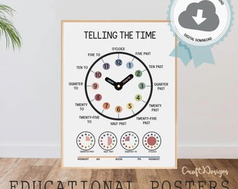 Pósteres para aprender la hora, decoración infantil para la pared, lámina educativa, guardería Montessori, aprende a leer la hora, póster artístico de reloj, descarga digital
