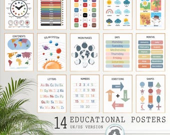 Educational Posters, Classroom Decor Bundle, Toddler Montessori Posters, Playroom Prints, ABC Prints Alphabet Poster, Colorful Kids Room Art