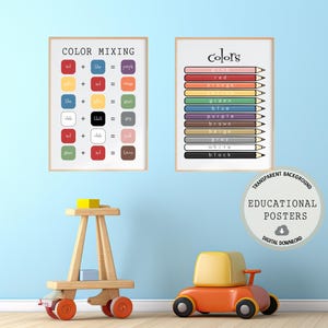 May include: Two framed educational posters on a light blue wall. One poster shows color mixing, the other displays colored pencils with color names. A wooden toy cart and a toy car are in the foreground. The image includes the text "EDUCATIONAL POSTERS".