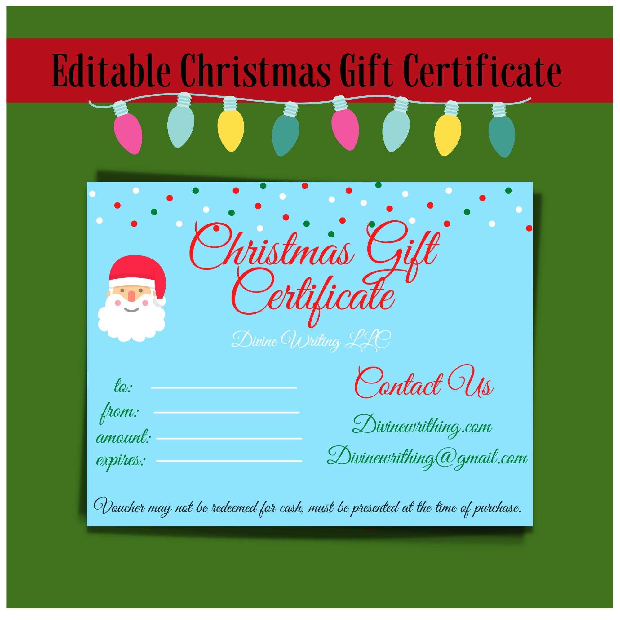 Editable Christmas Gift Certificate. Christmas Gift Certificate for