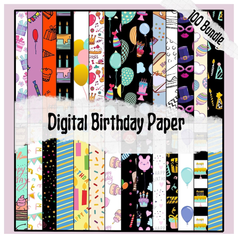 Puede incluir: Una colecci&oacute;n de papeles digitales de cumplea&ntilde;os con varios patrones. Los dise&ntilde;os incluyen pasteles, globos, sombreros de fiesta y confeti. El texto "Digital Birthday Paper" y "100 Bundle" son visibles.