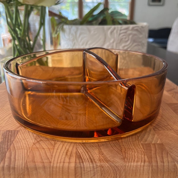 Vintage Fostoria Fleur De Lis Amber Divided Candy Dish without Lid | Honey Brown/Amber Glass Three Compartment Dish | Bowl | Trinket holder