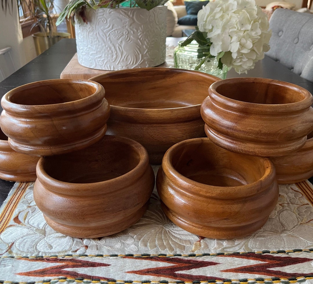 Vintage Genuine Acacia Wood Carved Salad Bowl Set Made in Etsy