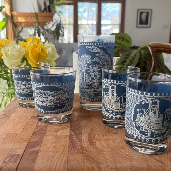 Currier and Ives Blue by Royal Collection Bread and Butter plates | Tumbler | Rocks Glassware | Juice Glasses | Tea Cups