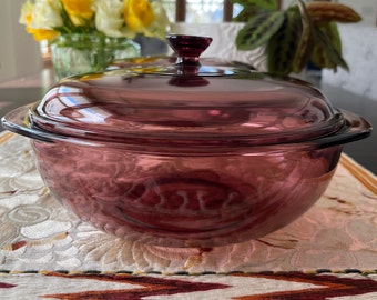 Pyrex Cranberry 2 Qt Round Covered Casserole Glass Dishes with lid | Bakeware | Cookware | 2 Available | Made in USA