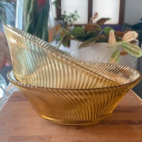 Vintage Federal Amber Yellow Twist Ribbed Glass Bowl | Depression Glass | Diana Pattern | Salad Bowl | 1930's | 2 available
