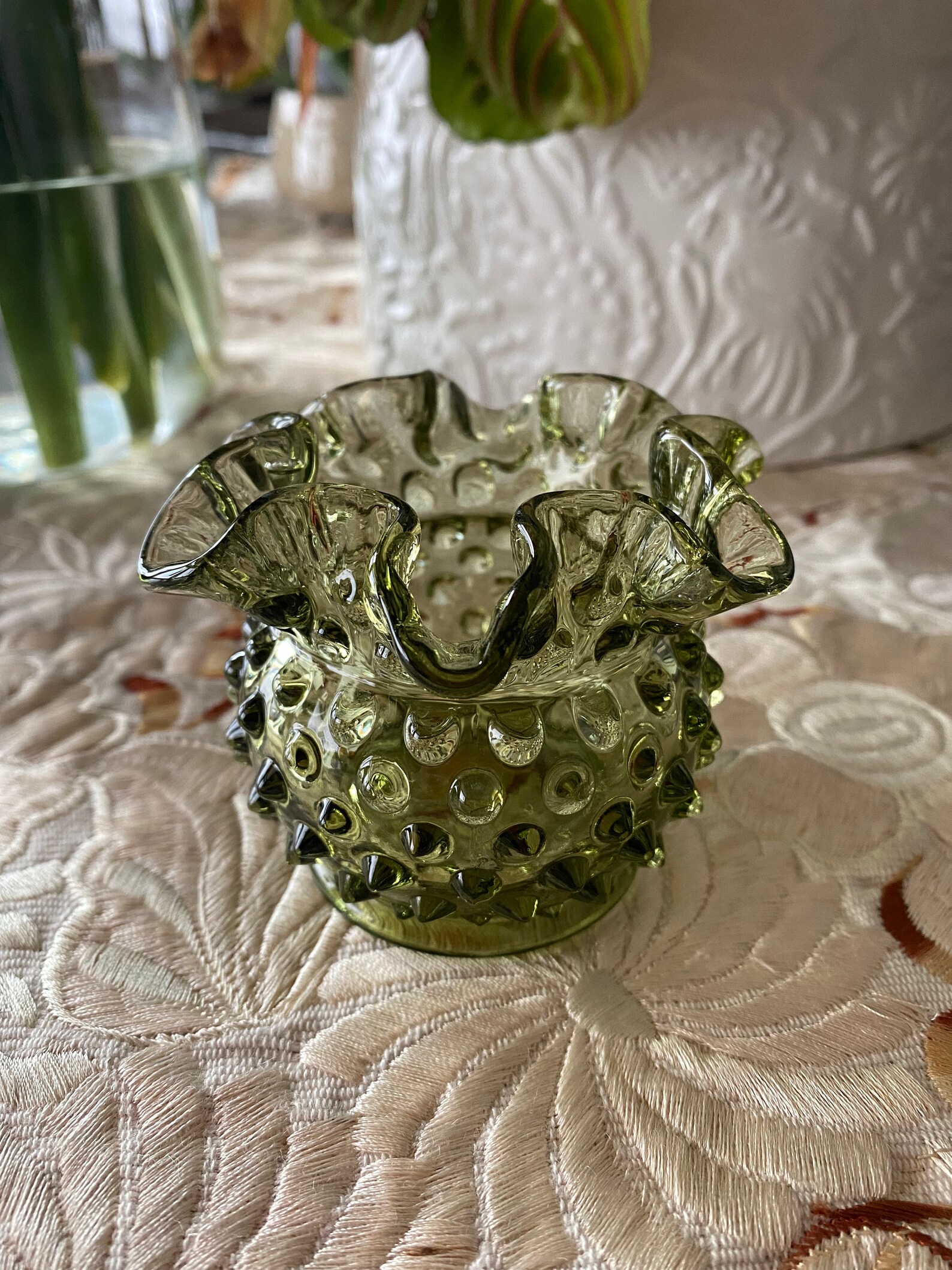 Vintage Green Fenton Glass Hobnail Ruffled Bud Vase Votive Etsy