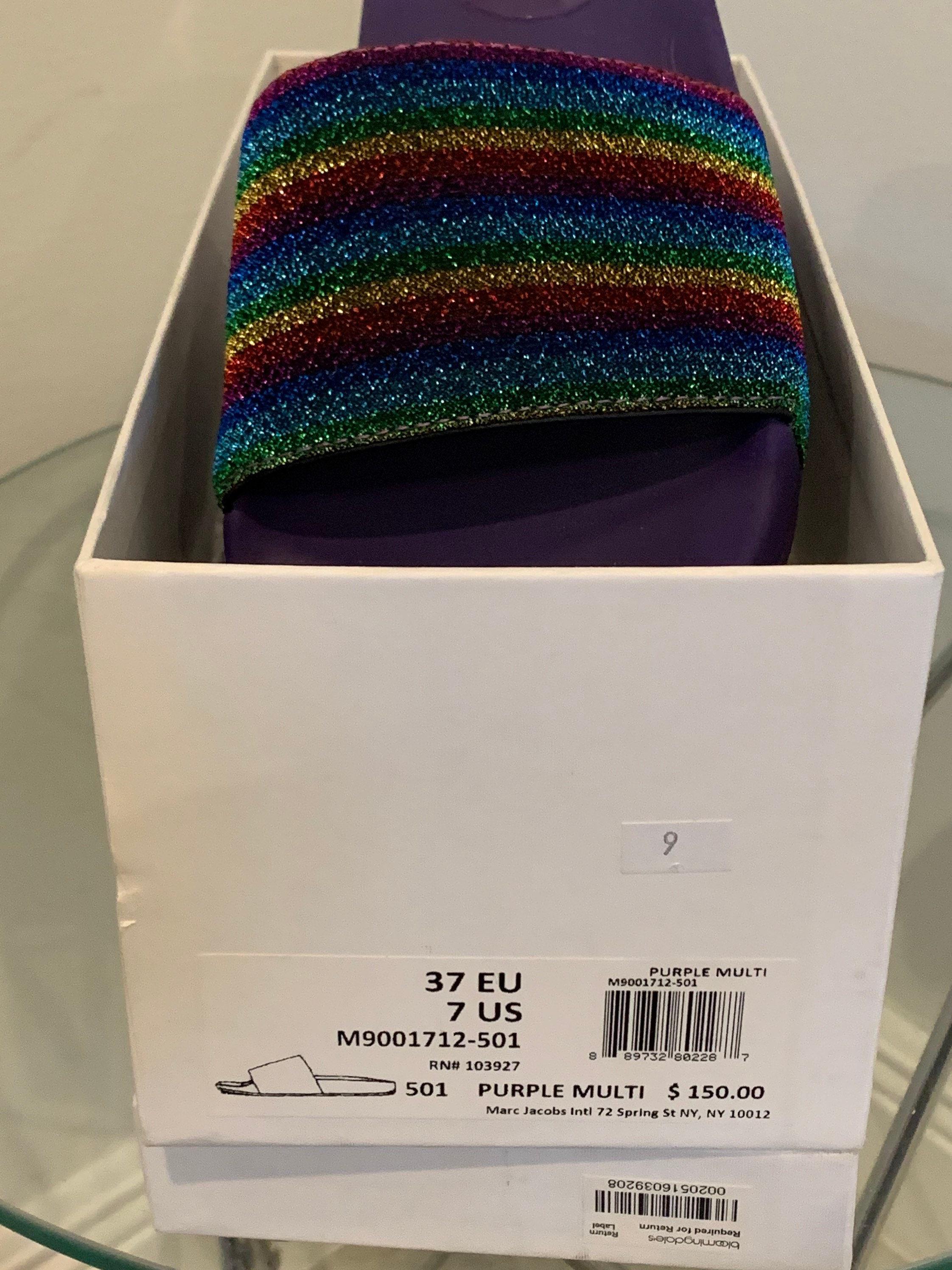 Schoenen damesschoenen Instappers Juttis en mojaris Marc Jacobs Purple Multi Rainbow Glitter Metallic Slides Size US 07 