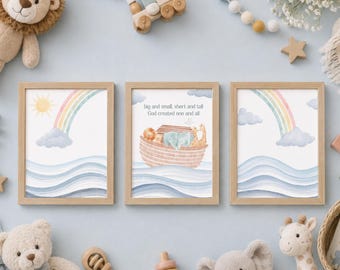 May include: Three framed wall art prints featuring watercolor illustrations of a rainbow, ocean waves, and a wooden ark with animals. The center print includes the text: big and small, short and tall God created one and all. Surrounded by plush toys.