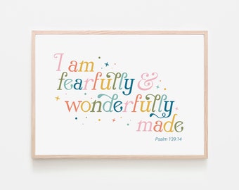 I Am Fearfully and Wonderfully Made Wall Art Kids Room Printable Bible Verse Decor Christian Kids Art Sunday School Prints DIGITAL DOWNLOAD