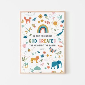 May include: A colorful illustration of animals and nature with the text "In the beginning God created the heaven and the earth Genesis 1:1".