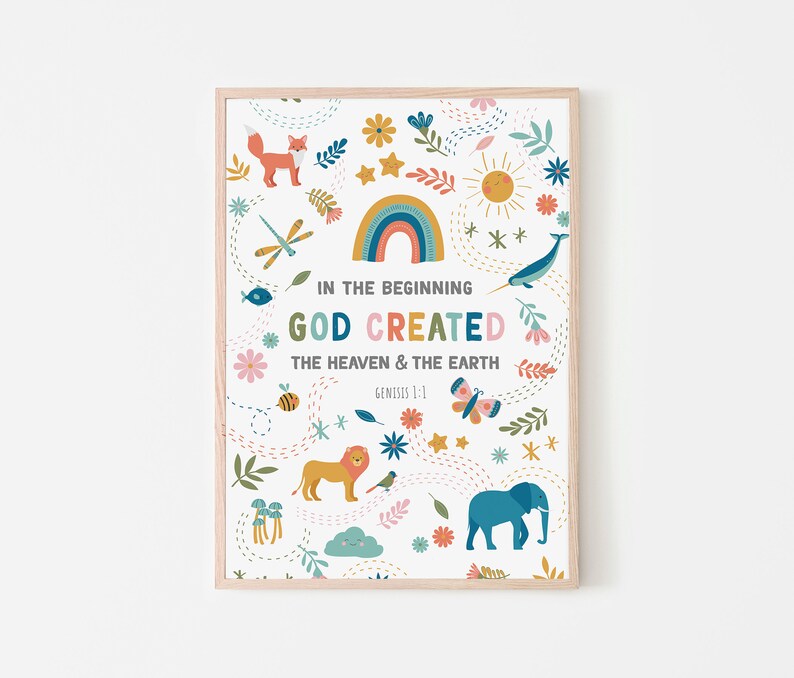 May include: A colorful illustration of animals and nature with the text "In the beginning God created the heaven and the earth Genesis 1:1".