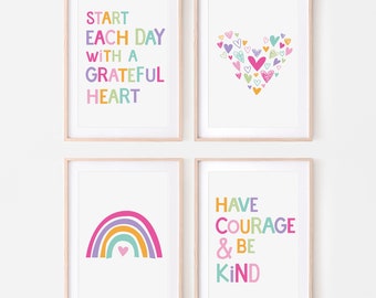 Set of 4 Start Each Day with a Grateful Heart Printable Wall Art, Playroom Decor, Kids Wall Art, Have Courage and be Kind, DIGITAL DOWNLOAD