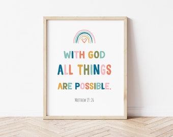 With God All Things Are Possible Wall Art Christian Printable Art Wall Decor Sunday School Prints Kids Room Scripture DIGITAL DOWNLOAD