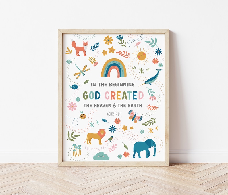 May include: A colorful printable wall art print with a rainbow, animals, and the text "In the beginning God created the heaven and the earth, Genesis 1:1".