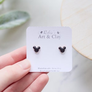 Mickey Tiny Stud Earrings | Shiny Resin and Gold Trimmed Mini Studs | Handmade Clay Mouse Studs | Small Earrings | Theme Park Stud Earrings