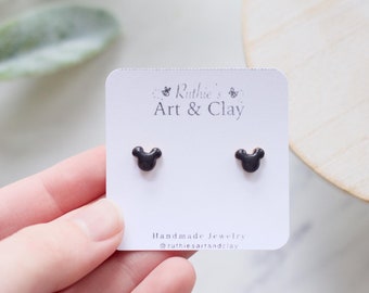 Handmade Clay Mickey Mouse Stud Earrings | Gold Trim, Theme Park Jewelry