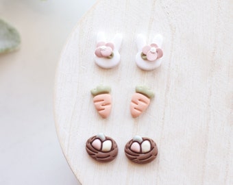 Pastel Easter Clay Earring Stud Pack | Handmade Polymer Clay Easter Bunny Stud Earring Pack | Spring Clay Studs | Nest, Carrot, Bunny Studs