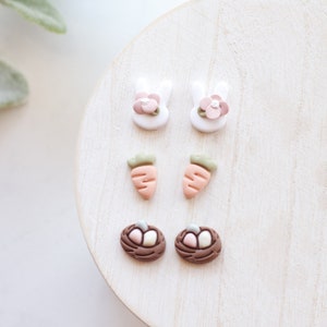 Pastel Easter Clay Earring Stud Pack Handmade Polymer Clay Easter Bunny Stud Earring Pack Spring Clay Studs Nest, Carrot, Bunny Studs image 1