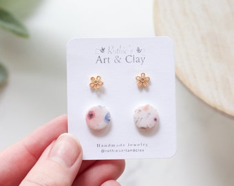 Gold Flower Stud and Floral Clay Earring 2 Pack | Handmade Polymer Clay Stud Earrings | Spring Clay Earrings | Small Spring Earrings