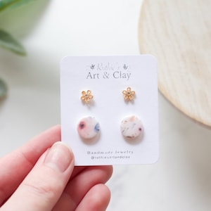 Gold Flower Stud and Floral Clay Earring 2 Pack Handmade Polymer Clay Stud Earrings Spring Clay Earrings Small Spring Earrings image 1