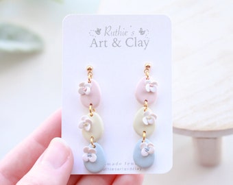 Pastel Floral Egg Dangle Earrings | Handmade Polymer Clay Easter Dangle Earrings | Pastel Easter Dangle Earrings | Spring Clay Earrings