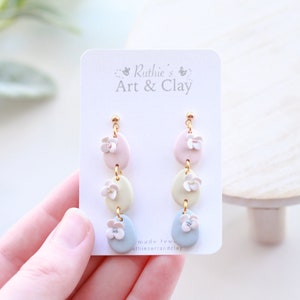 Pastel Floral Egg Dangle Earrings | Handmade Polymer Clay Easter Dangle Earrings | Pastel Easter Dangle Earrings | Spring Clay Earrings