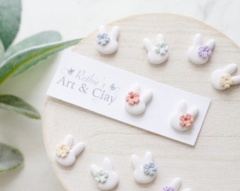 Floral Easter Bunny Clay Stud Earrings | Handmade Polymer Clay Easter Bunny Stud Earrings | Spring Clay Earrings