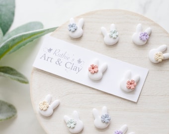 Floral Easter Bunny Stud Earrings | Handmade Polymer Clay Spring Jewelry